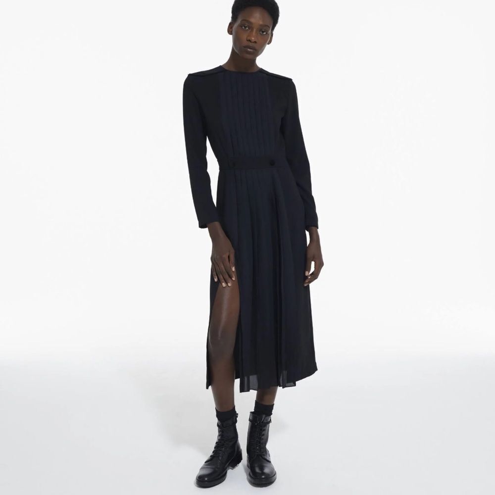 $465 The Kooples Black long sleeve pleated midi dress NWT